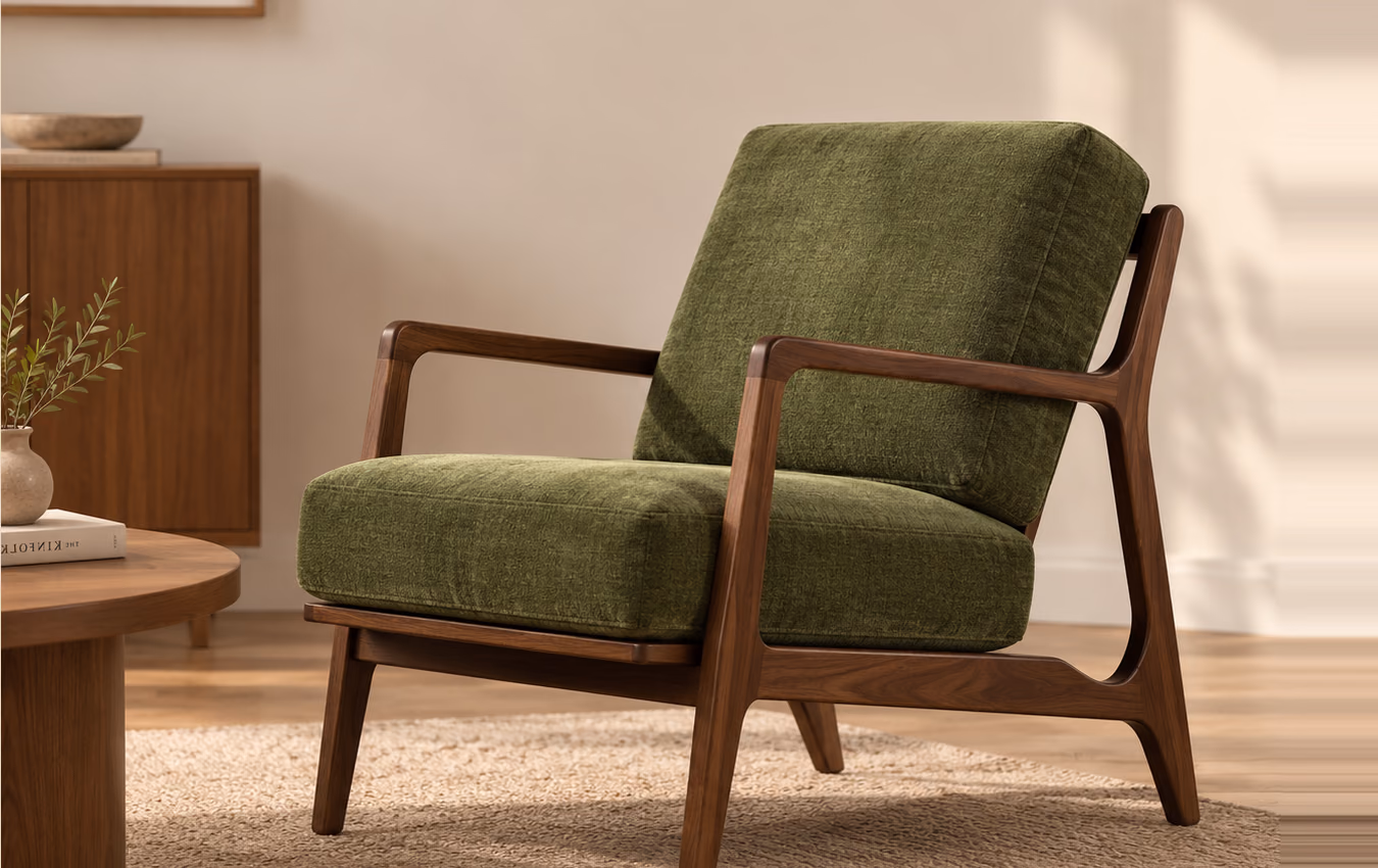Arlo Lounge Chair in a sunlit living room next to a sideboard
