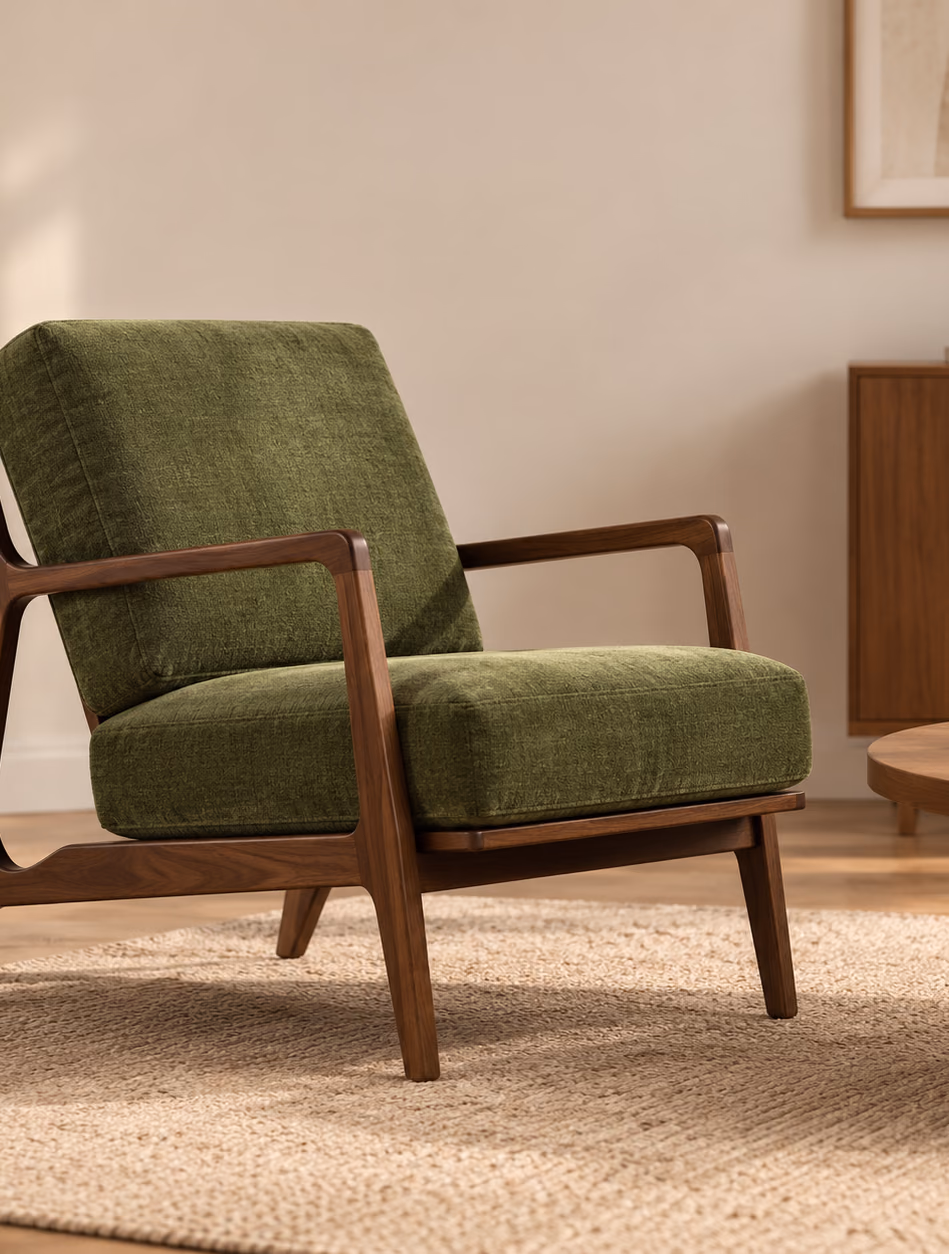 Arlo Lounge Chair in a sunlit living room next to a sideboard